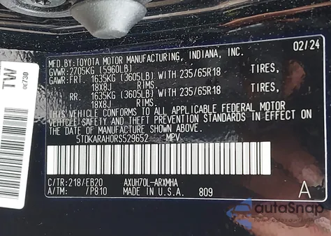 2024 Toyota Highlander Xle from USA, damaged, VIN 5TDKARAH0RS529652